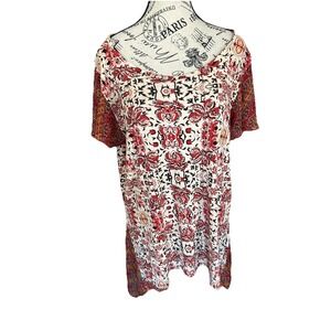 Womens FYLO Red Cream Print Front Embellished Shirt Size XL Boho Casual